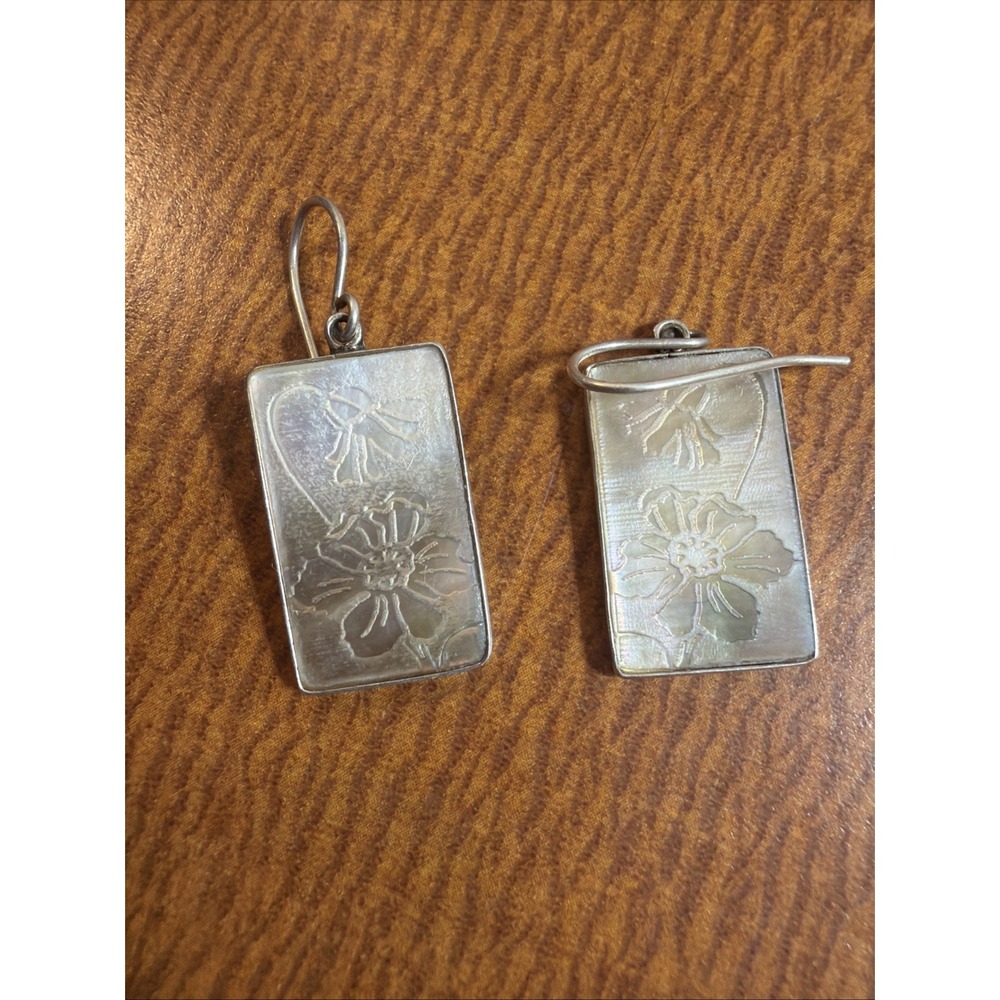 Vintage Zarah Sterling Silver Rectangular Dangle Earrings Etched Morning Glories